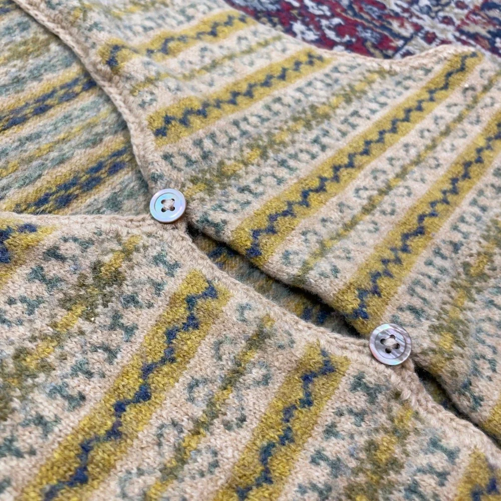 VTG 90s Banana Republic Lambswool Fair Isle Knit Vest Yellow Brown Button S loop